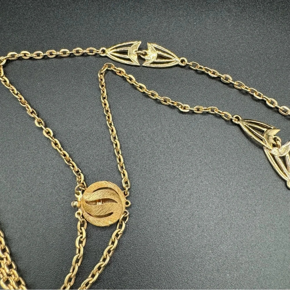 Vintage Multilayer Intricate Gold Tone Necklace with Large Pendant - Picture 8 of 16